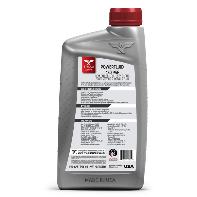 TRIAX Powerfluid 450 PSF - CHF 11S Long - Life Synthetic Hydraulic & Power Steering Fluid Compatible with Audi, Bentley, BMW, Chrysler, Dodge, Jeep, Mercedes-Benz, Mini, Porsche, and VW (1 Quart) - Image 2